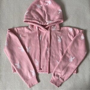 MISSGUIDED - PLAYBOY - Cropped Pink & White Hoodie